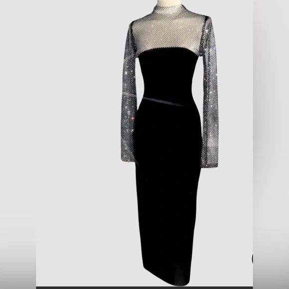 Ruzevich Black Long-Sleeve Crystal Bandage Midi Dress Size M - Picture 6 of 16